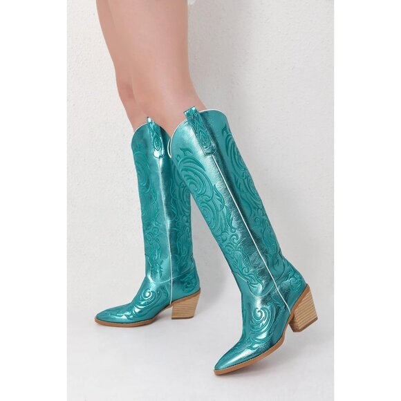 Women Metallic Blue Knee High Pointed Toe Block Heel Cowboy Western Boots - Picture 7 of 8